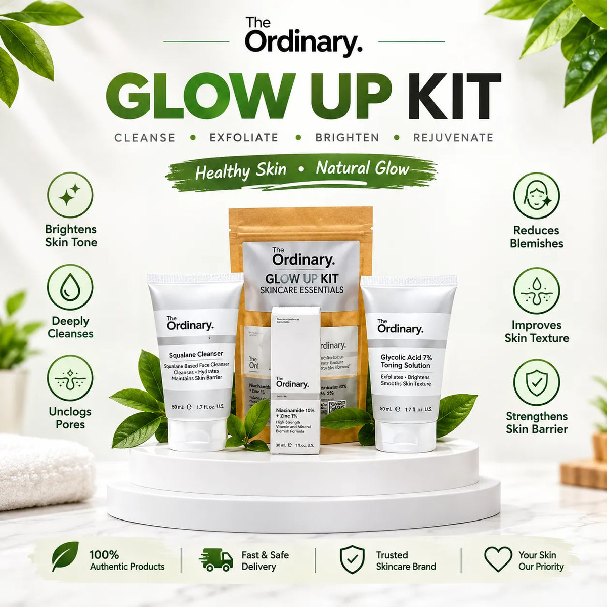 The Ordinary Brightening Glow Kit – Niacinamide, Squalane Cleanser & Azelaic Acid Skincare Set for Face & Hands
