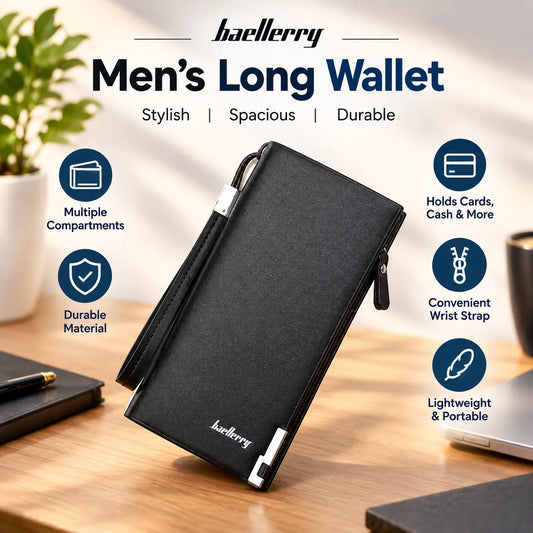 Baellerry Long Wallet for Men & Women – Multi-Slot Leather Purse with Wrist Strap | Black & Dark Brown
