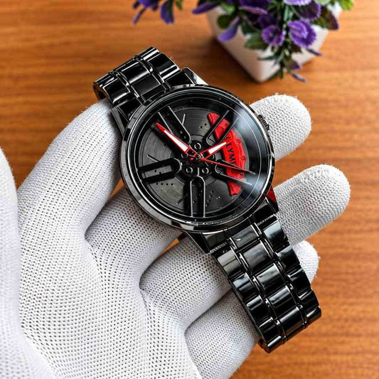 Men's Car Wheel Spinning Dial Watch – Black Steel Bracelet with Red Brake Caliper Design