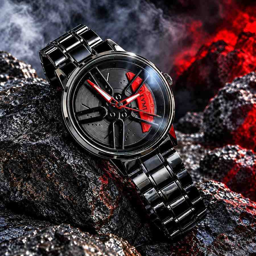 Men's Car Wheel Spinning Dial Watch – Black Steel Bracelet with Red Brake Caliper Design